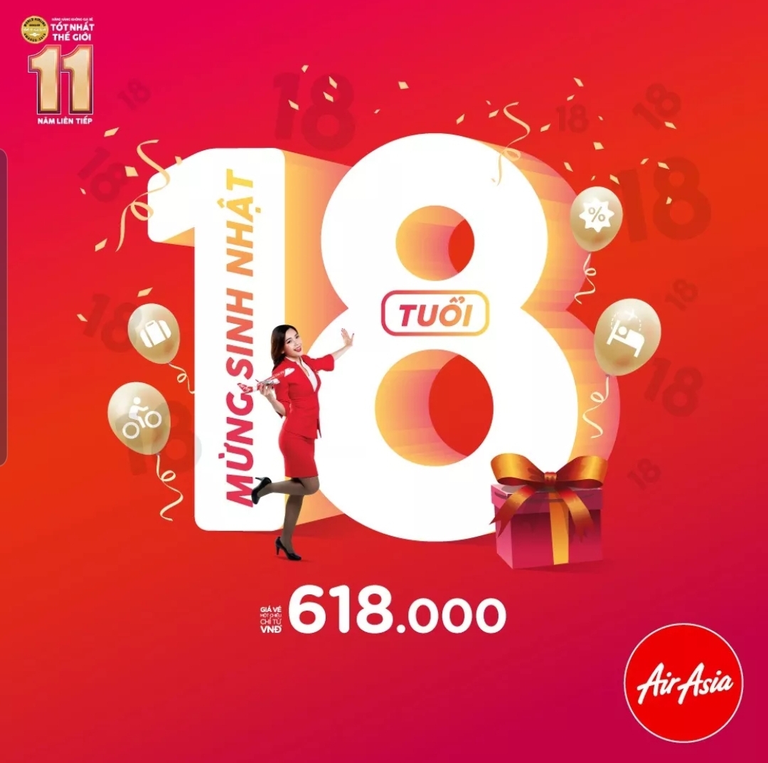 Vé chỉ từ 618K mừng sinh nhật 18 của AirAsia